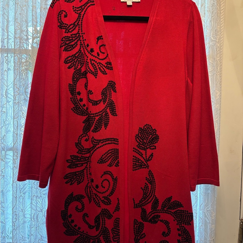 Chico's Vibrant Red Cardigan with Black Detailing. Hand sewed black sequins.
